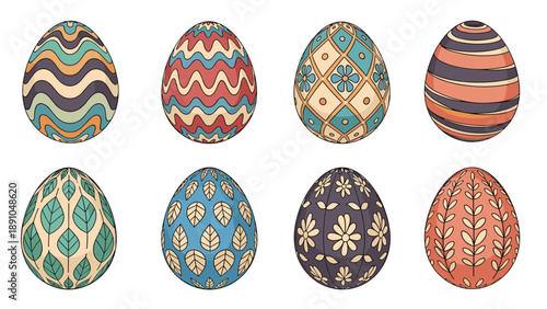 Set of eight beautifully decorated easter eggs with various colorful patterns including waves flowers and leaves.