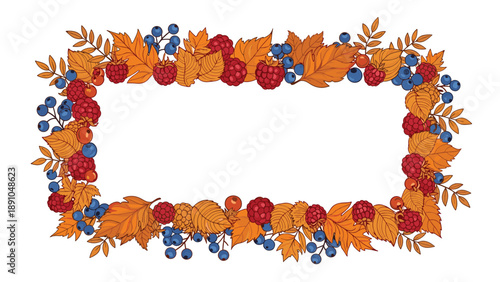 Decorative rectangular frame created with colorful autumn leaves ripe raspberries and blueberries for seasonal designs.