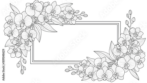 Elegant floral border with detailed orchid flowers surrounding a blank rectangular frame in black and white line art.