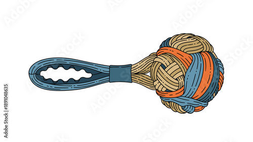 Durable rope toy for dogs featuring a colorful braided ball and a sturdy handle for playing tug and fetch with pets.