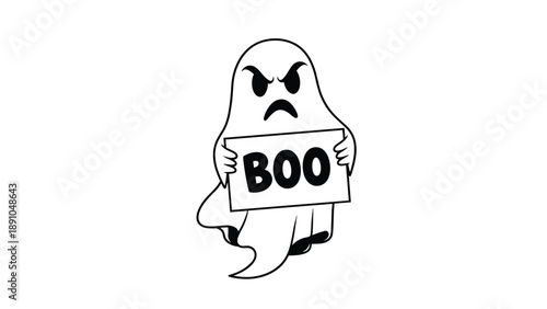 Funny halloween illustration of an angry white ghost holding a small sign with the word boo to scare people away.