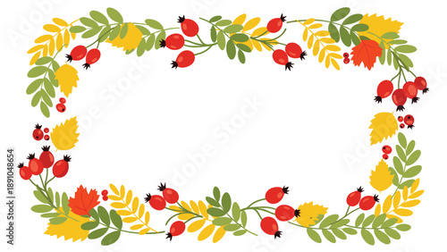 Frame made of colorful autumn leaves, red berries, and rose hips on a white background for seasonal greeting cards and banners.