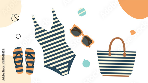 Flat lay illustration of summer beach essentials including a striped swimsuit sunglasses flip-flops and tote bag.