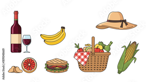 Collection of picnic items including a bottle of wine, a basket with food, a sandwich, fruits, a hat, and a corn cob on white.