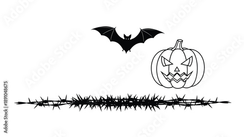 Spooky halloween scene featuring a flying bat and a carved jack-o-lantern pumpkin above a line of thorny bushes.