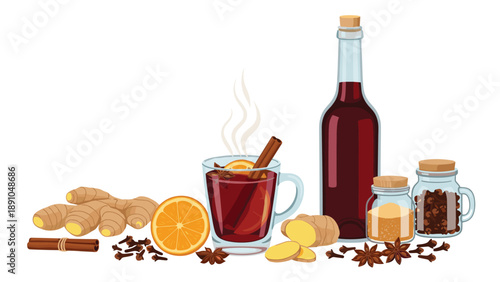 Complete set of ingredients for spicy mulled wine including a bottle mug oranges ginger cinnamon and star anise.