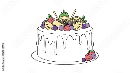 Delicious white frosted cake decorated with strawberries, blueberries, lemon slices, and mint leaves on a simple white background.