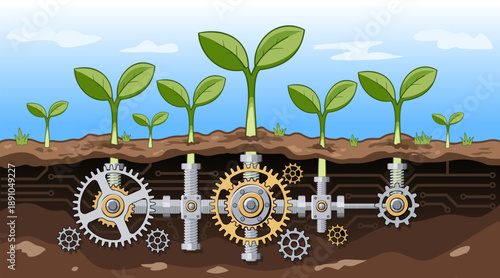 Illustration of smart plants connected to underground mechanical systems, representing IoT, automation, and technology-driven agriculture for sustainable food production and innovation.