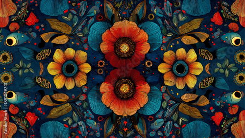 Vibrant floral pattern featuring stylized flowers and leaves in a kaleidoscope design
