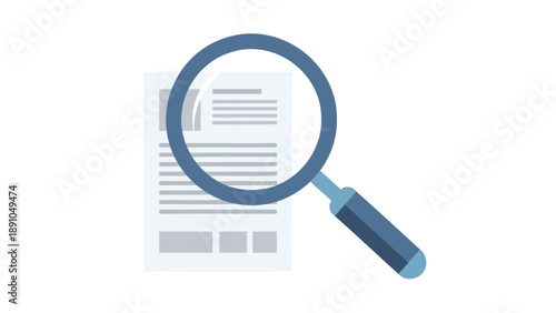 Magnifying glass examines document with lines and rectangles on white background symbolizing search and investigation
