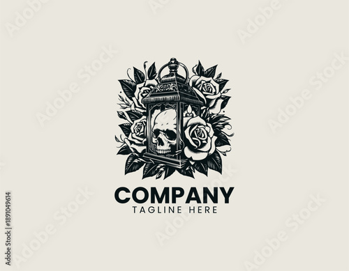 Black vector line art of skull with elegant rose flowers and classic lantern