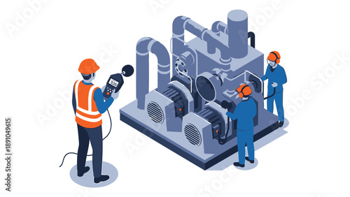 Three workers inspect and operate industrial machinery with safety gear and tools on a white background