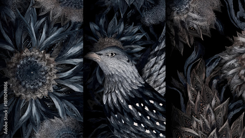 A majestic eagle surrounded by intricate floral patterns set against a dark, moody background from a frontal viewpoint