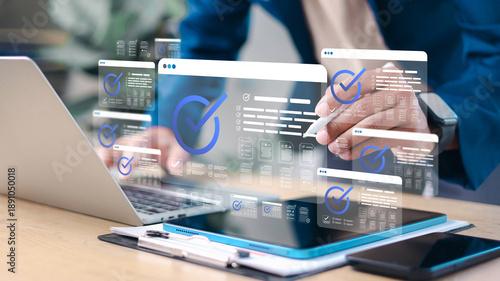 Cuadro en lienzo Business professional approving multiple digital documents with checkmark icons on virtual interface