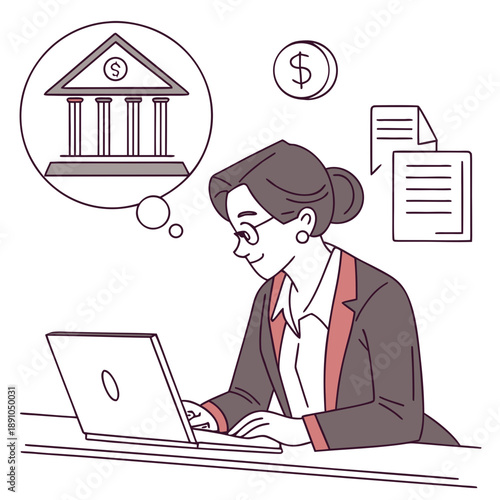 Businesswoman managing online banking and financial documents from her laptop.