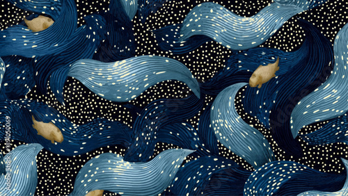 Swirling waves of blue hues with scattered dots, a mesmerizing pattern of aquatic motion, depicted in an abstract illustration from a top-down viewpoint.