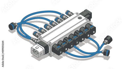Industrial hydraulic valve block with blue hoses and black fittings on white background for manufacturing and engineering applications
