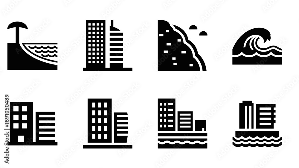 Obraz premium Beach and city icons: minimalist black silhouette set