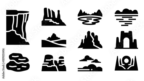 Monochrome nature icons: minimalist style displaying various landscapes