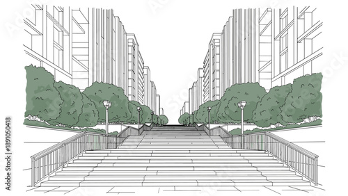 Urban cityscape with stairway and trees in linear artistic style
