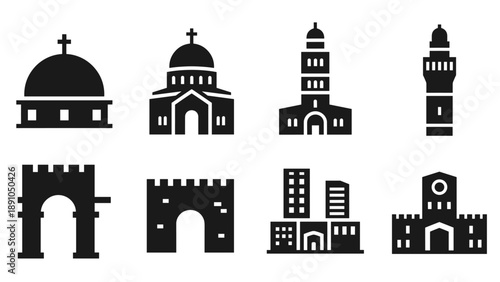 Set of minimalist silhouette icons of historical buildings and landmarks
