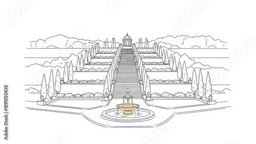 Elegant garden stairway with decorative fountain in linear style