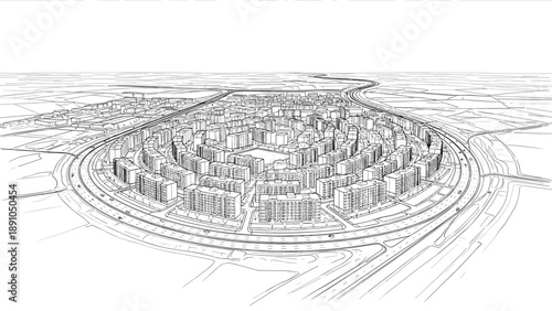 Circular urban cityscape in linear style featuring modern architecture and infrastructure