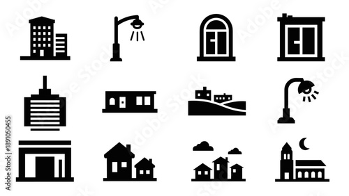 Silhouette urban buildings and architecture elements collection