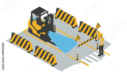 Construction worker directing traffic around roadwork with barriers and heavy machinery on a city street