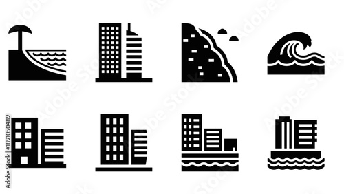 Beach and city icons: minimalist black silhouette set