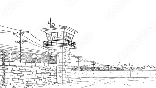 Prison watchtower and perimeter fence in urban outline style