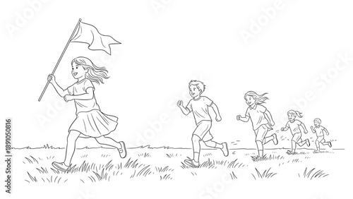 Joyful kids running in a field with flag sketch style