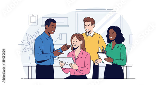 Diverse group of people collaborating and smiling in an office setting