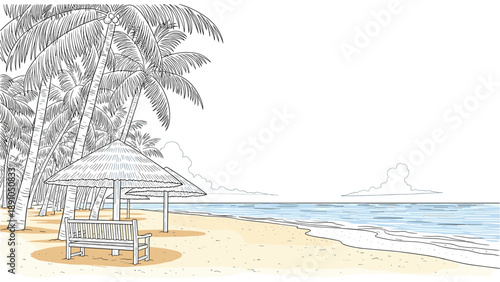 Tropical beach scene with palm trees and straw umbrellas in linear style