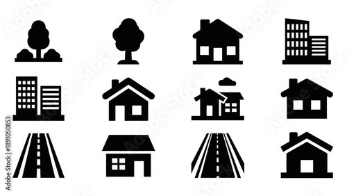 Silhouette icons of urban and suburban homes, roads, and trees