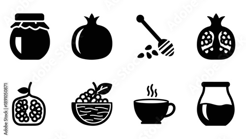 Black icons set: honey dipper, jam jar, pomegranate, herbal tea cup, bowl and seeds