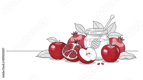 Realistic engraving style apples and pomegranates with honey jar