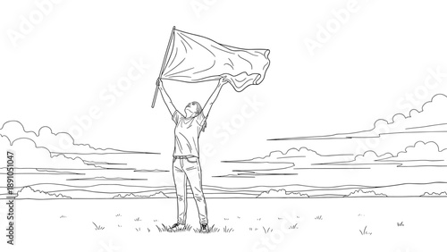 Person celebrating with flag in scenic landscape outline drawing