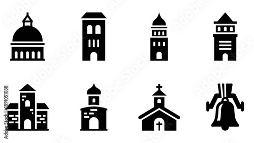 Collection of classic church silhouettes with bells and towers