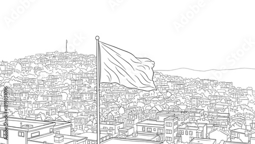 Urban skyline with a waving flag: black and white outline cityscape with hills