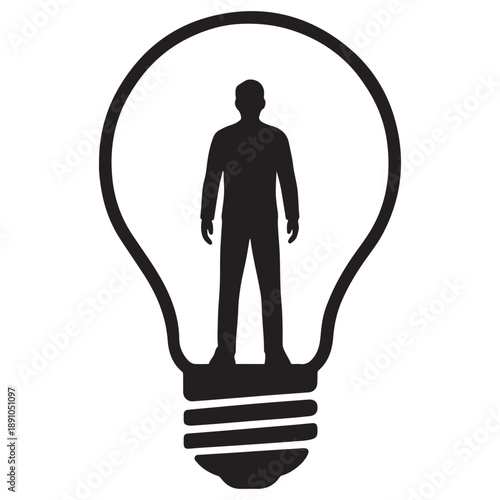 Person silhouette standing inside giant lightbulb, representing creativity, inspiration, and new idea generation in monochrome vector on white.
