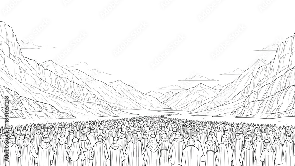 Fototapeta premium Vast crowd in mountainous landscape scene