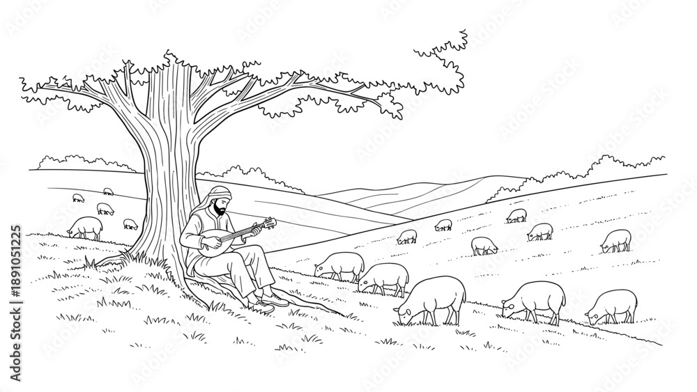 Obraz premium Peaceful shepherd playing music under a tree in a pastoral landscape