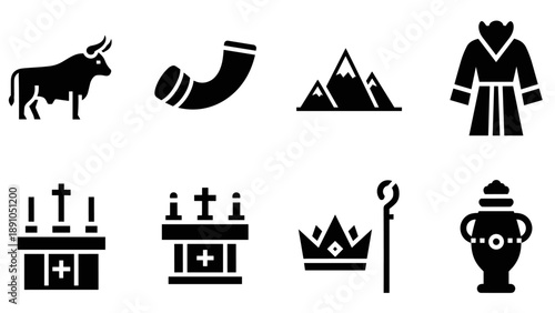 Medieval heraldry icons: bull, horn, mountains, robe, altar, crown, staff, urn
