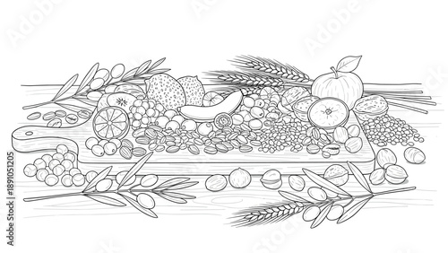 Hand drawn harvest bounty on rustic wooden surface