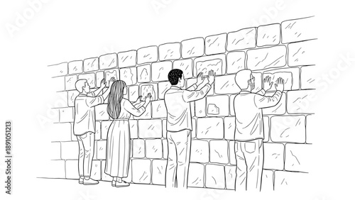Visitors engaging at a historic wall in black and white line art