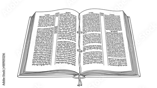 Open book with hebrew text in linear style - black and white outline
