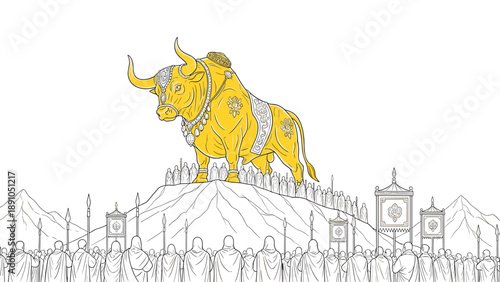 Golden bull statue worship in line art style with mountains and followers