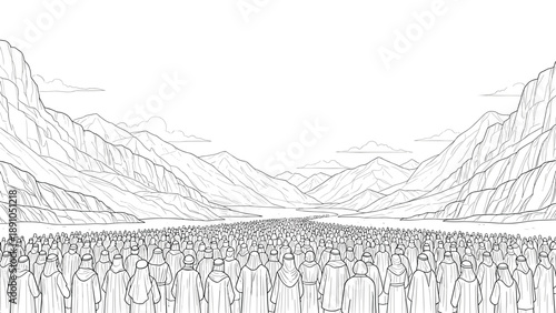 Vast crowd in mountainous landscape scene