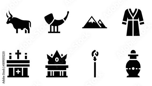 Ancient symbols collection: bull, elephant, mountains, robe, temple, crown, staff, and vase in bold icon style